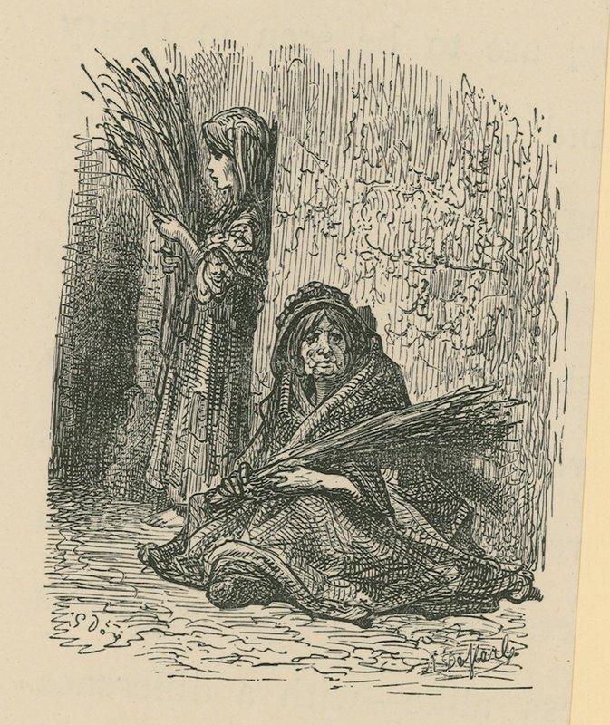 Eine Frau und ein junges Mädchen verkaufen Trockenblumen von Gustave Dore