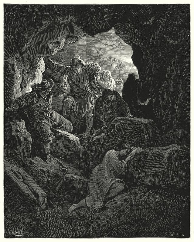 Don Quijote: "Eine Gruppe mit Offizieren wird ausgesandt ... die die arme verliebte Leandra in einer Höhle eines der Berge finden" (Gravur) von Gustave Dore