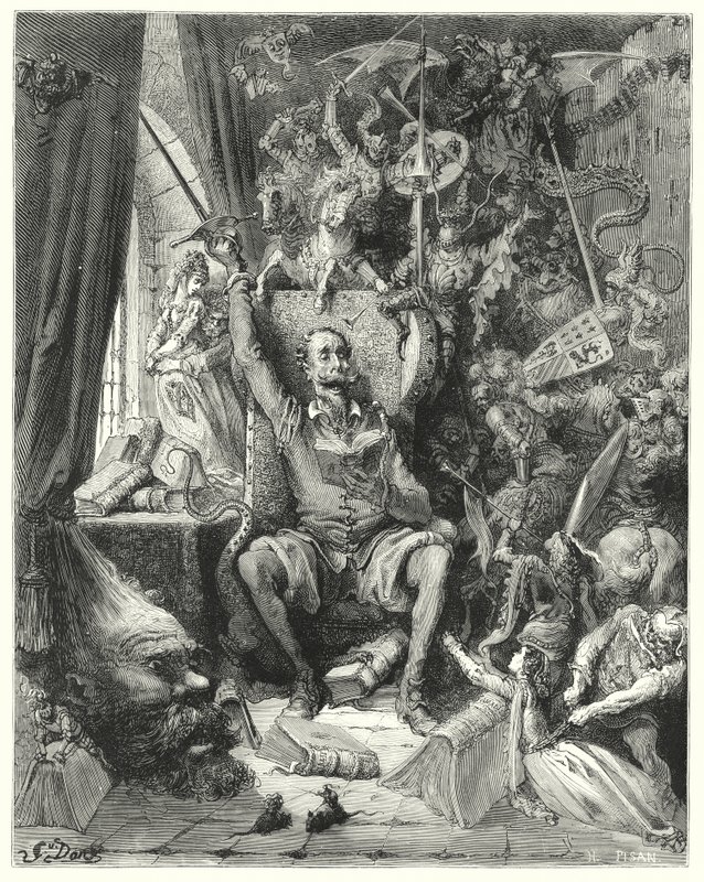 Gustave Dorés Don Quixote: "Eine Welt voller ungeordneter Vorstellungen, aus seinen Büchern herausgepickt, drängte sich in seine Fantasie" (Stich) von Gustave Dore