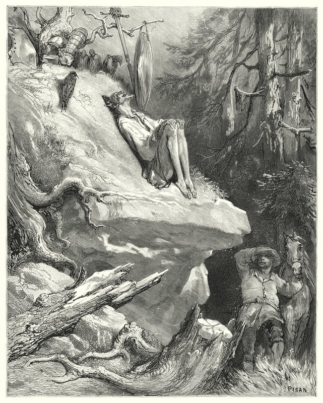 Gustave Dorés Don Quixote: "Ach!" antwortete Sancho, "Ich fand ihn in seinem Hemd, mager, blass und fast verhungert, seufzend nach seiner Dame Dulcinea" von Gustave Dore