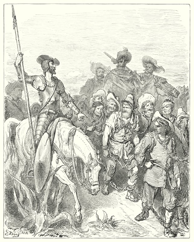 Gustave Dorés Don Quixote: "Don Quixote fragte den ersten, für welche Verbrechen er in diesen elenden Umständen sei" von Gustave Dore
