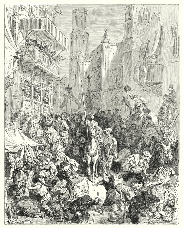 Gustave Dorés Don Quixote: "Sie schlossen ihn in die Mitte ihrer Brigade ein und führten ihn in Richtung Stadt" (Stich) von Gustave Dore