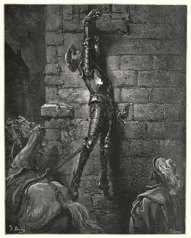 Gustave Dorés Don Quixote: "Er wäre unvermeidlich zu Boden gefallen, hätte sein Handgelenk nicht sicher am Seil befestigt gewesen" von Gustave Dore