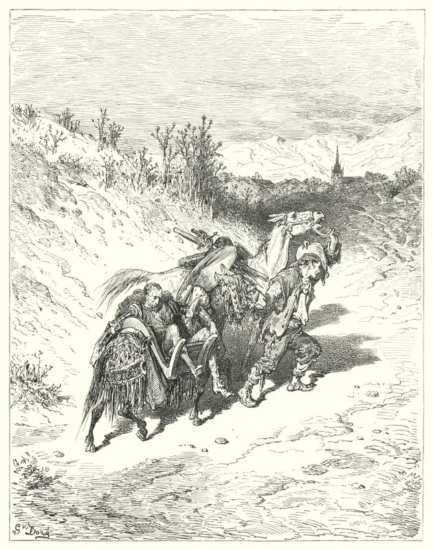 Gustave Dorés Don Quixote: "Er führte sie alle ins Dorf und ging selbst zu Fuß, sehr nachdenklich" von Gustave Dore