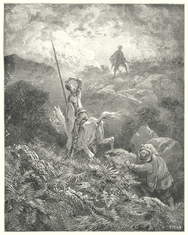Gustave Dorés Don Quixote: "Er spähte auf die Spitze eines felsigen Abhangs direkt vor ihm und sah einen Mann, der von Felsen zu Felsen mit wunderbarer Beweglichkeit sprang" von Gustave Dore