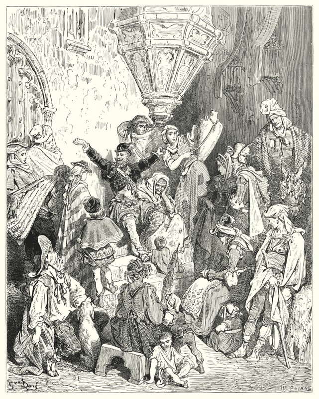 Es gab kein Land auf der Erde, das er nicht gesehen hatte, noch eine Schlacht, an der er nicht teilgenommen hatte (Illustration von Don Quixote) von Gustave Dore