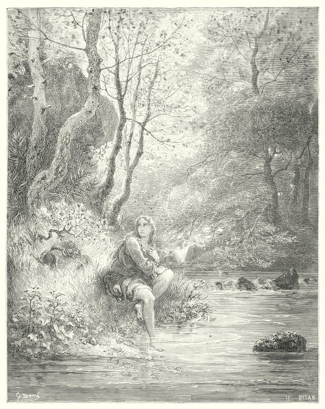 Gustave Dorés Don Quixote: "Sie entdeckten einen jungen Mann in ländlicher Kleidung, der am Fuße eines Felsens hinter einem Eschenbaum saß" von Gustave Dore