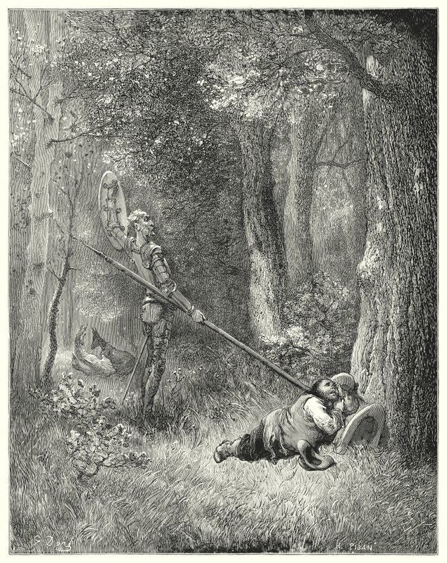 Auf all diese feine Erörterung antwortete Sancho kein Wort (Illustration von Don Quixote) von Gustave Dore