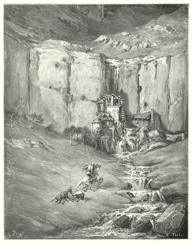 Gustave Dorés Don Quixote: "Als sie näher kamen, erschrak selbst der geduldige Rozinante vor dem schrecklichen Geräusch" von Gustave Dore