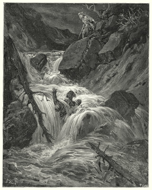Gustave Dorés Don Quixote: "Mit der geringen Kraft, die ich hatte, stieß ich ihn einen Abgrund hinunter, wo ich ihn liegen ließ" von Gustave Dore
