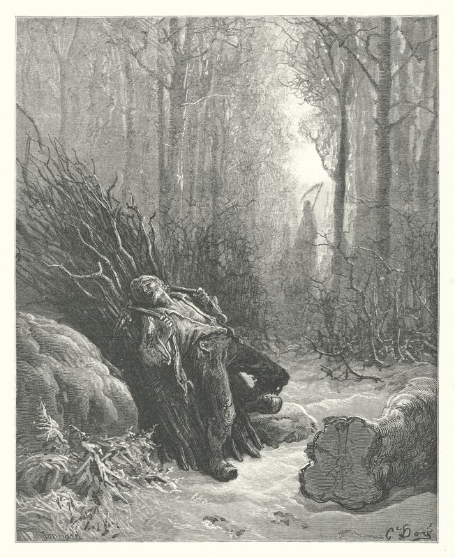 Die Fabeln von La Fontaine: Der Tod und der Holzfäller (Gravur) von Gustave Dore