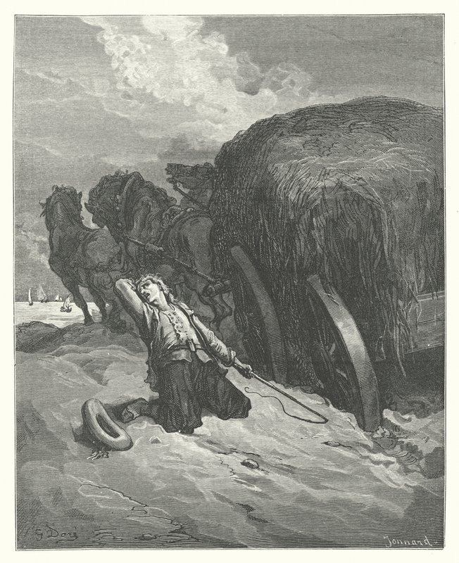 Die Fabeln von La Fontaine: Der Fuhrmann im Schlamm (Gravur) von Gustave Dore