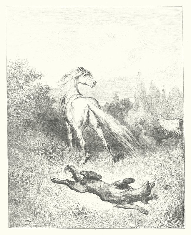 Die Fabeln von La Fontaine: Das Pferd und der Wolf (Gravur) von Gustave Dore