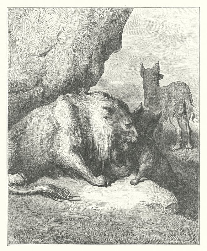 Die Fabeln von La Fontaine: Der Löwe, der Wolf und der Fuchs (Gravur) von Gustave Dore