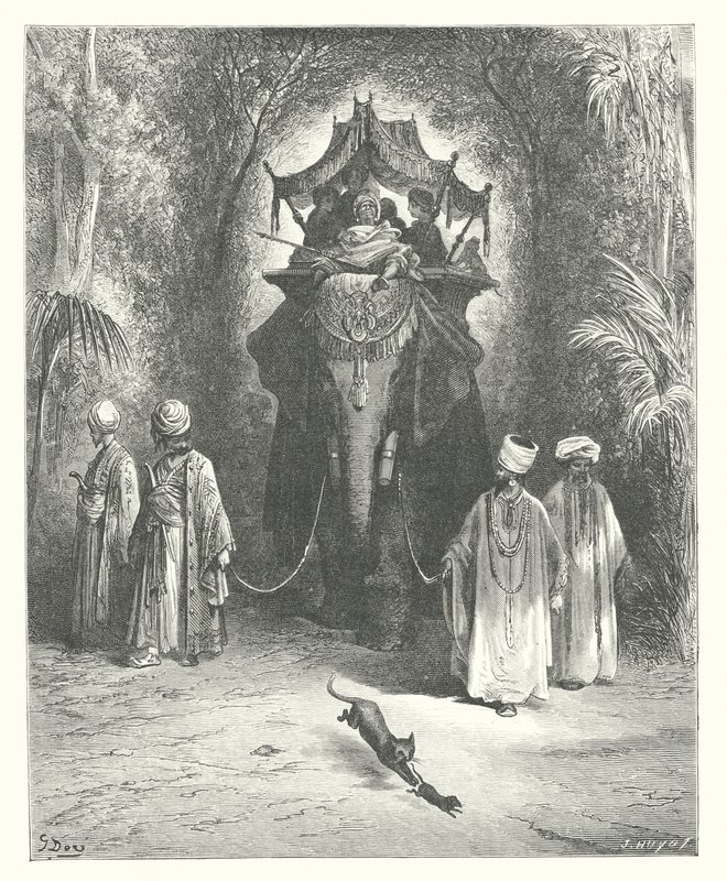 Die Fabeln von La Fontaine: Die Ratte und der Elefant (Stich) von Gustave Dore