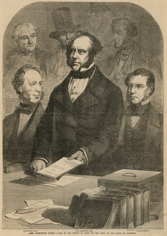 Lord Palmerston legt eine Kopie des Friedensvertrags auf den Tisch des Unterhauses von Gustave Janet