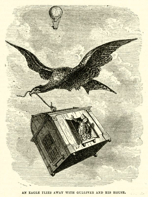 Ein Adler fliegt mit Gulliver und seinem Haus davon (Gravur) von after Hablot Knight Browne
