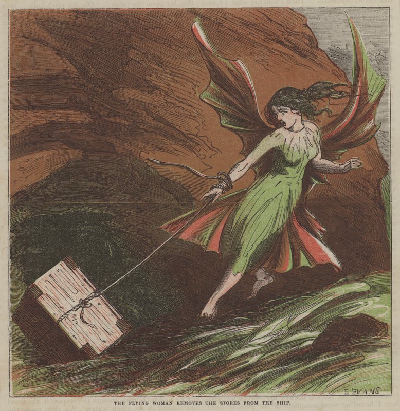 Die fliegende Frau entfernt die Vorräte vom Schiff von after Hablot Knight Browne