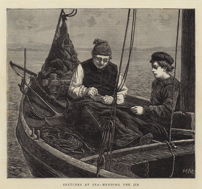 Skizzen auf See, das Flicken des Klüvers von Hamilton Macallum