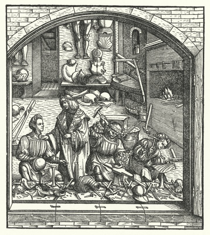 Erzherzog Maximilian von Österreich besucht einen Rüstungsmacher von Hans (after) Burgkmair