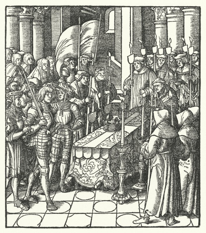 König Ludwig XII. von Frankreich neben dem Sarg seines Vorgängers, König Karl VIII. von Hans (after) Burgkmair