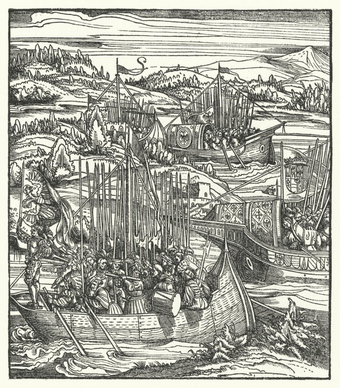 Der Heilige Römische Kaiser Maximilian I. mit seiner Flotte in La Spezia, Italien von Hans (after) Burgkmair