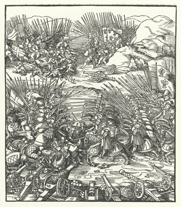 Schlacht zwischen den französischen und venezianischen Armeen während des Krieges der Liga von Cambrai, 1509 von Hans after Burgkmair