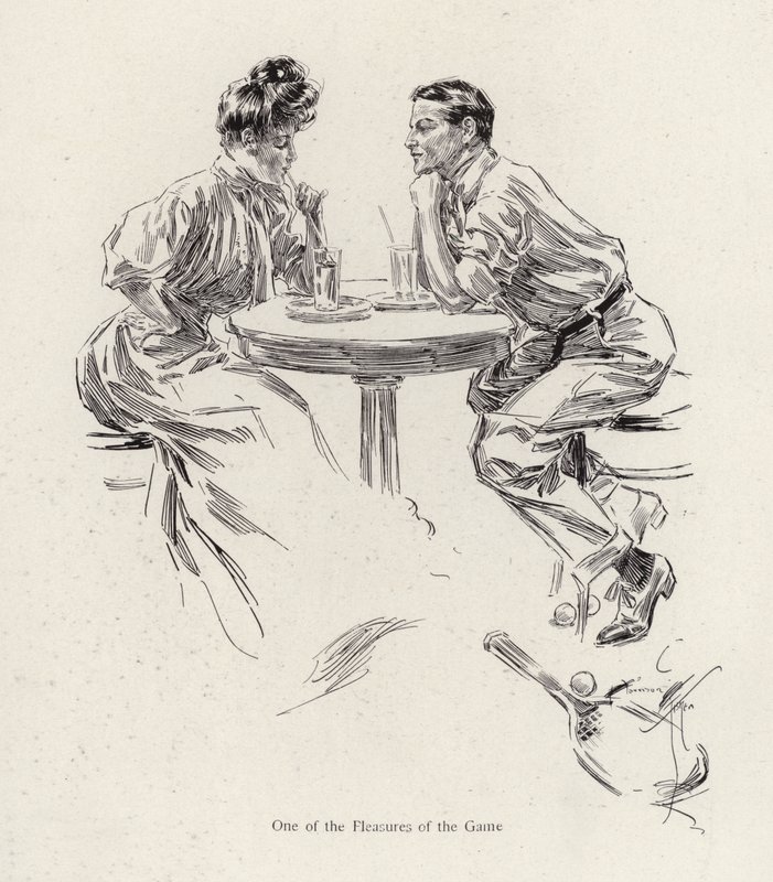 Paar trinkt nach einem Tennisspiel (Farblithografie) von Harrison Fisher