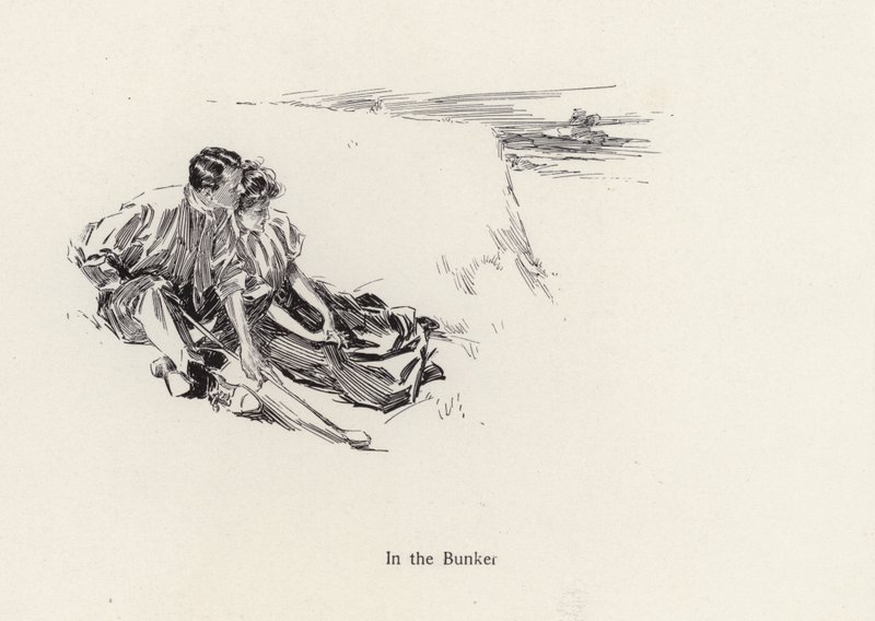 Paar in romantischer Umarmung in einem Bunker auf dem Golfplatz (Lithografie) von Harrison Fisher