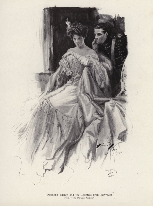 Zwei Charaktere, Desmond Ellery und die Gräfin Frina Mavrodin aus dem Roman Die Prinzessin Moritza von Percy Brebner von Harrison Fisher