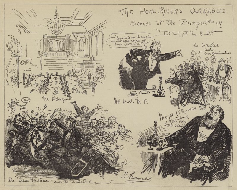 Die empörten Heimatherrscher, Szenen beim Bankett in Dublin von Harry Furniss