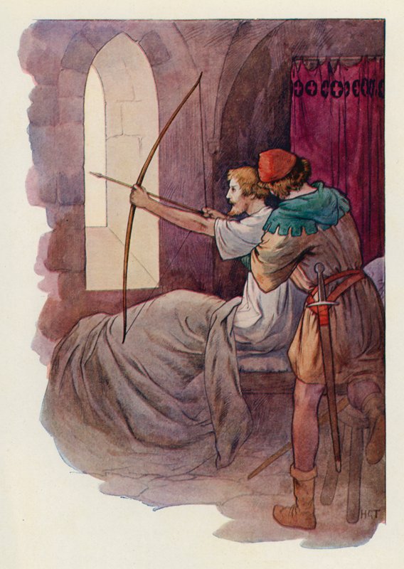 Robin, der im Bett saß, schoss den Pfeil in den Wald jenseits der Abteimauer von Harry George Theaker