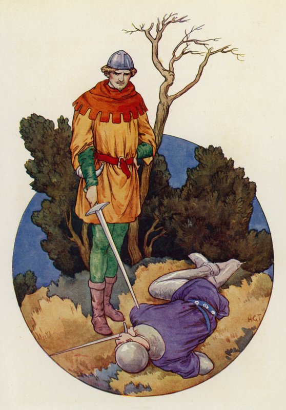 Robin schlug zu und mit einem großen Schlag legte er Guy von Gisborne tot von Harry George Theaker