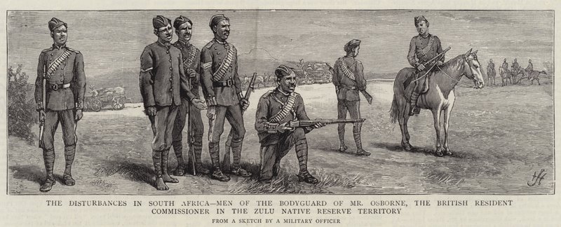 Die Unruhen in Südafrika, Männer der Leibwache von Mr. Osborne, dem britischen Resident Commissioner im Zulu Native Reserve Territory von Harry Hamilton Johnston
