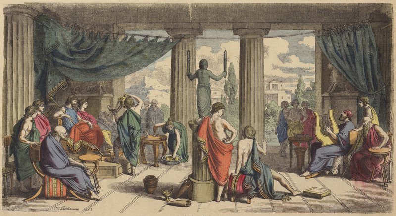 Ein königlicher Hof im antiken Griechenland (kolorierte Gravur) von Heinrich Leutemann
