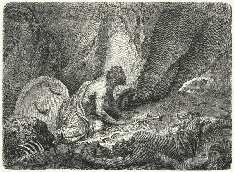 Aristomenes entkommt aus der Grube, in die ihn die Spartaner geworfen hatten von Heinrich Leutemann