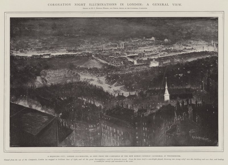 Krönungsnacht-Illuminationen in London, eine Gesamtansicht, eine jubelnde Stadt, London beleuchtet, gesehen vom Campanile der neuen römisch-katholischen Kathedrale in Westminster von Henry Charles Seppings Wright