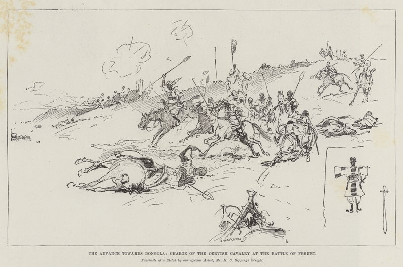 Der Vormarsch auf Dongola, Angriff der Derwisch-Kavallerie in der Schlacht von Ferket von Henry Charles Seppings Wright