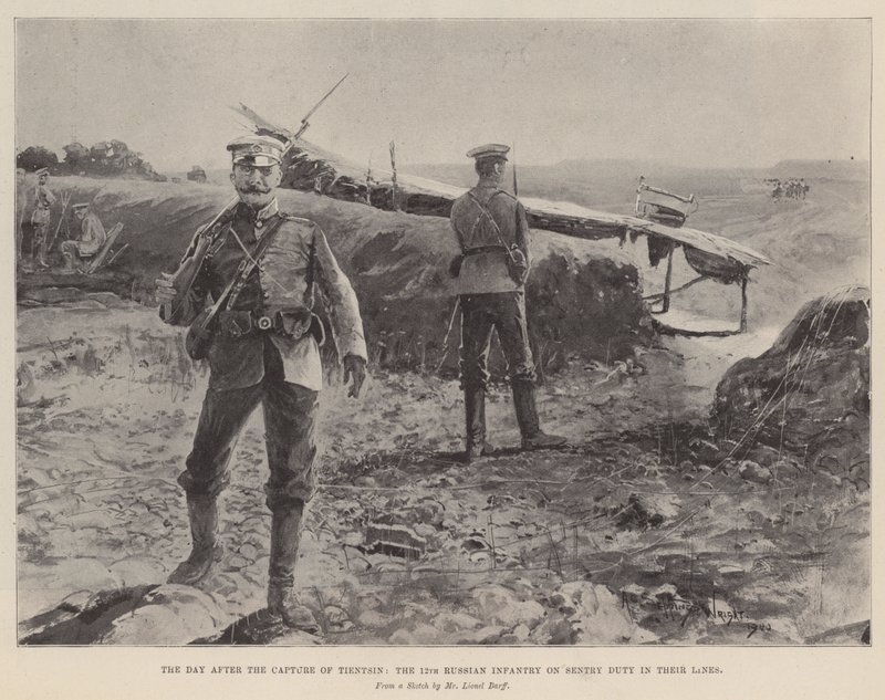 Der Tag nach der Eroberung von Tientsin, die 12. russische Infanterie auf Wache in ihren Linien von Henry Charles Seppings Wright