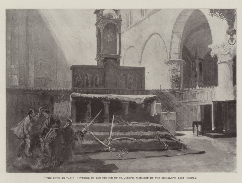 Die Unruhen in Paris, Inneres der Kirche St. Joseph, von den Sozialisten letzten Sonntag zerstört von Henry Charles Seppings Wright