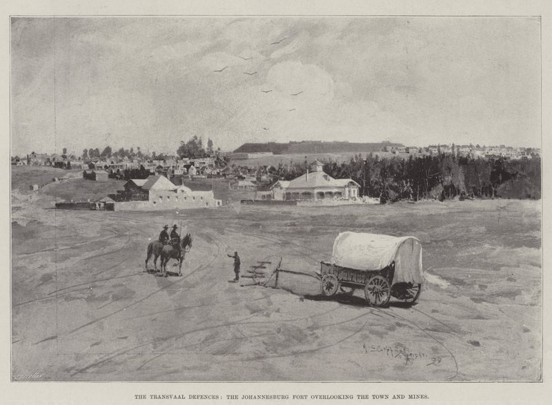 Die Verteidigungen des Transvaal, das Johannesburg Fort mit Blick auf die Stadt und die Minen von Henry Charles Seppings Wright