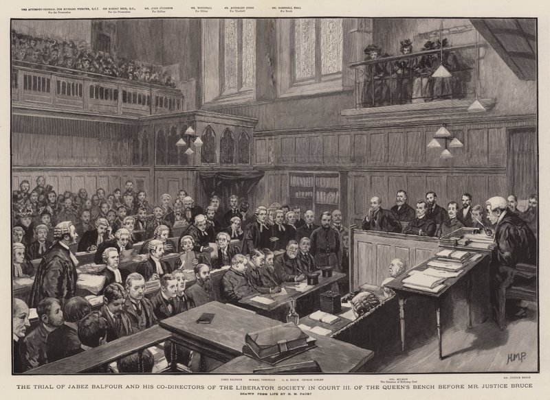 Der Prozess gegen Jabez Balfour und seine Co-Direktoren der Liberator Society im Gerichtssaal III der Queen