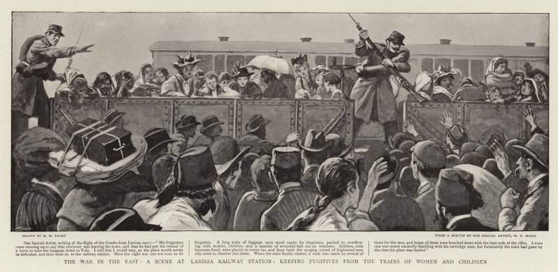 Der Krieg im Osten, eine Szene am Bahnhof von Larissa, Frauen und Kinder von den Zügen fernhalten von Henry Marriott Paget