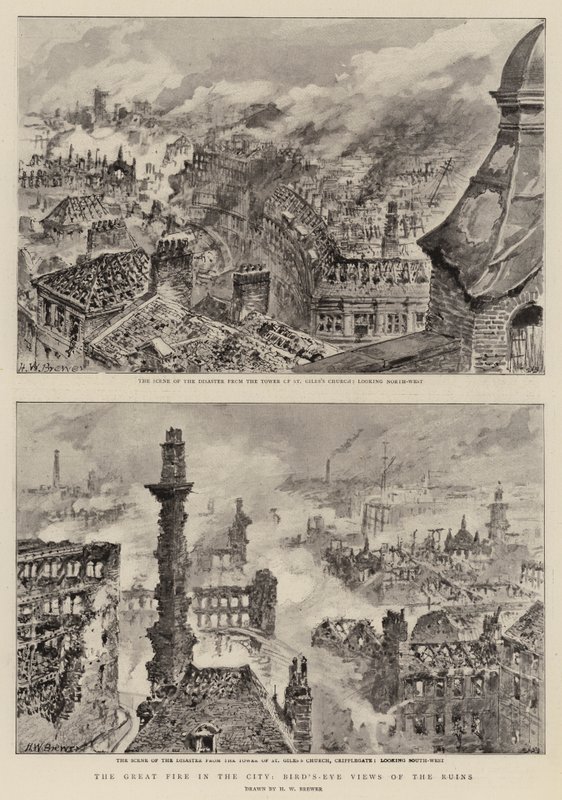 Das große Feuer in der Stadt, Vogelperspektive der Ruinen von Henry William Brewer
