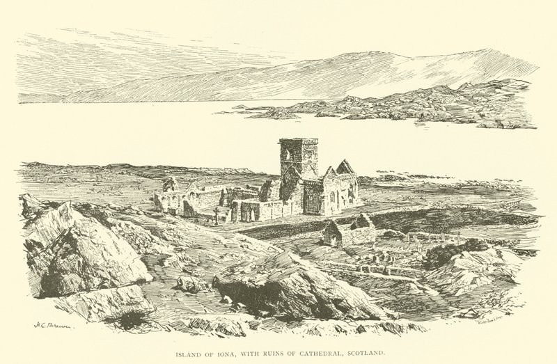 Insel Iona mit Ruinen der Kathedrale, Schottland (Gravur) von Henry Charles Brewer