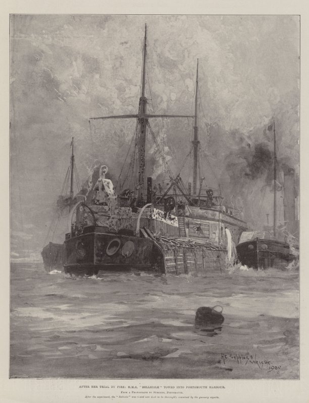 Nach ihrem Feuerprozess, HMS Belleisle in den Hafen von Portsmouth geschleppt von Henry Charles Seppings Wright
