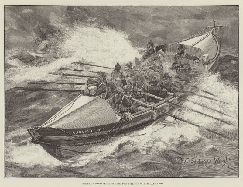 Rettung von Fischern durch das Rettungsboot Sunlight No 1 in Llandudno von Henry Charles Seppings Wright
