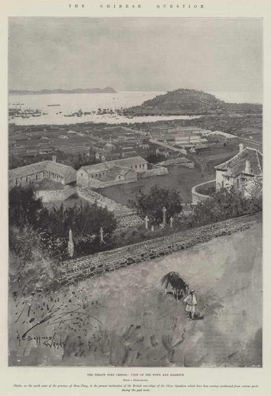 Die chinesische Frage, der Vertragshafen Chefoo, Ansicht der Stadt und des Hafens von Henry Charles Seppings Wright