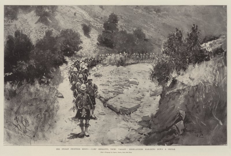 Der Aufstand an der indischen Grenze, Camp Sheranni, Tochi-Tal, Highlander marschieren durch eine Schlucht von Henry Charles Seppings Wright