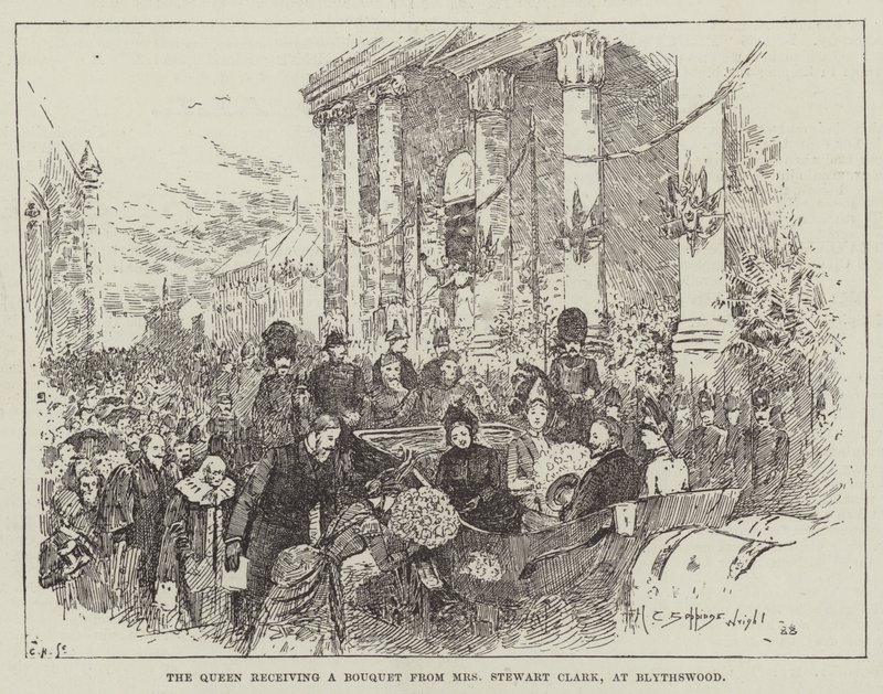 Die Königin erhält einen Blumenstrauß von Mrs. Stewart Clark, in Blythswood von Henry Charles Seppings Wright